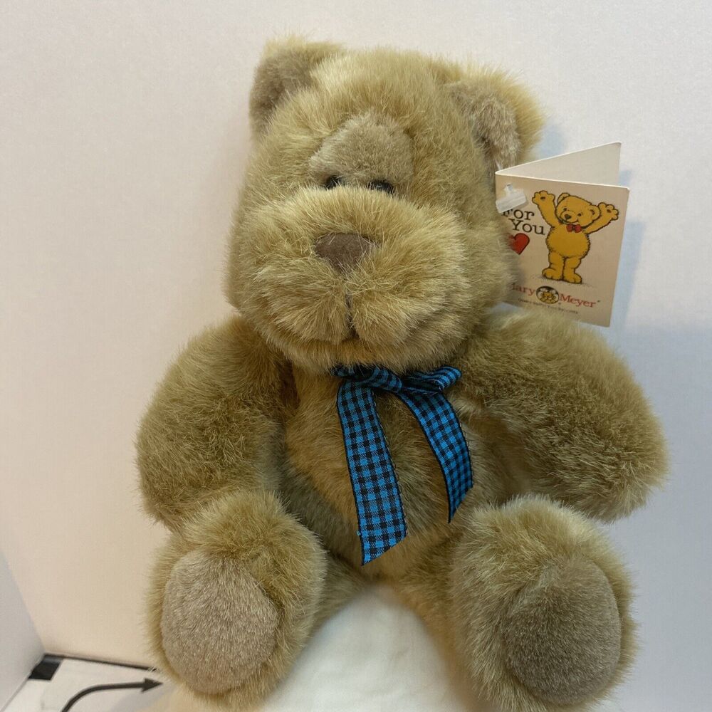 Vintage Mary Meyer "Baby Tolly" Brown Teddy Bear 11" w/tag, Blue Plaid Bow